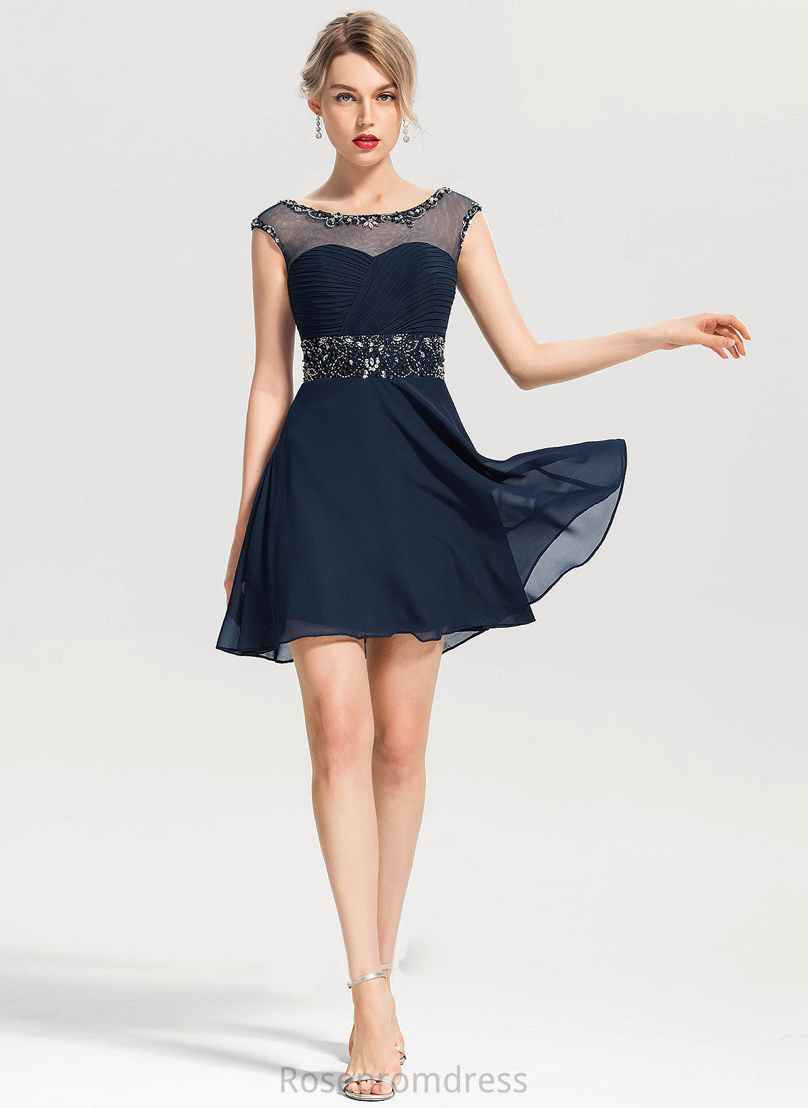 Hilary Neck A-Line Dress Short/Mini Scoop Homecoming Dresses Beading Sequins With Chiffon Homecoming