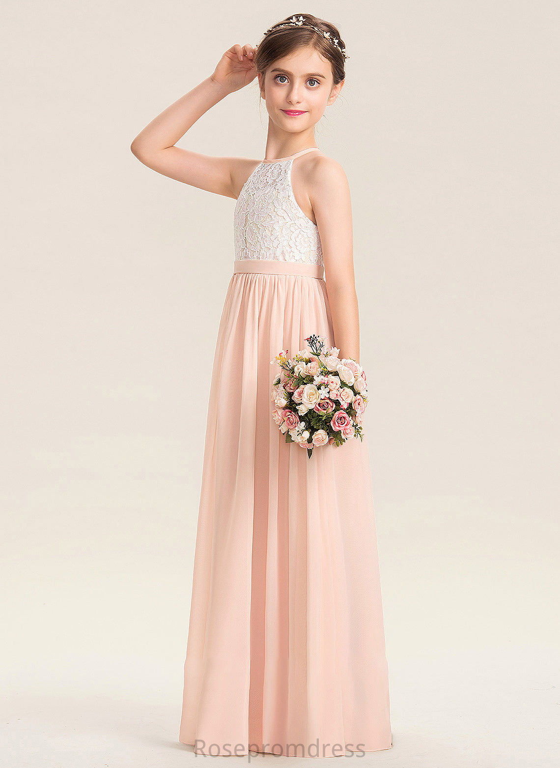 A-Line Floor-Length Lace Josie Scoop Chiffon Junior Bridesmaid Dresses Neck