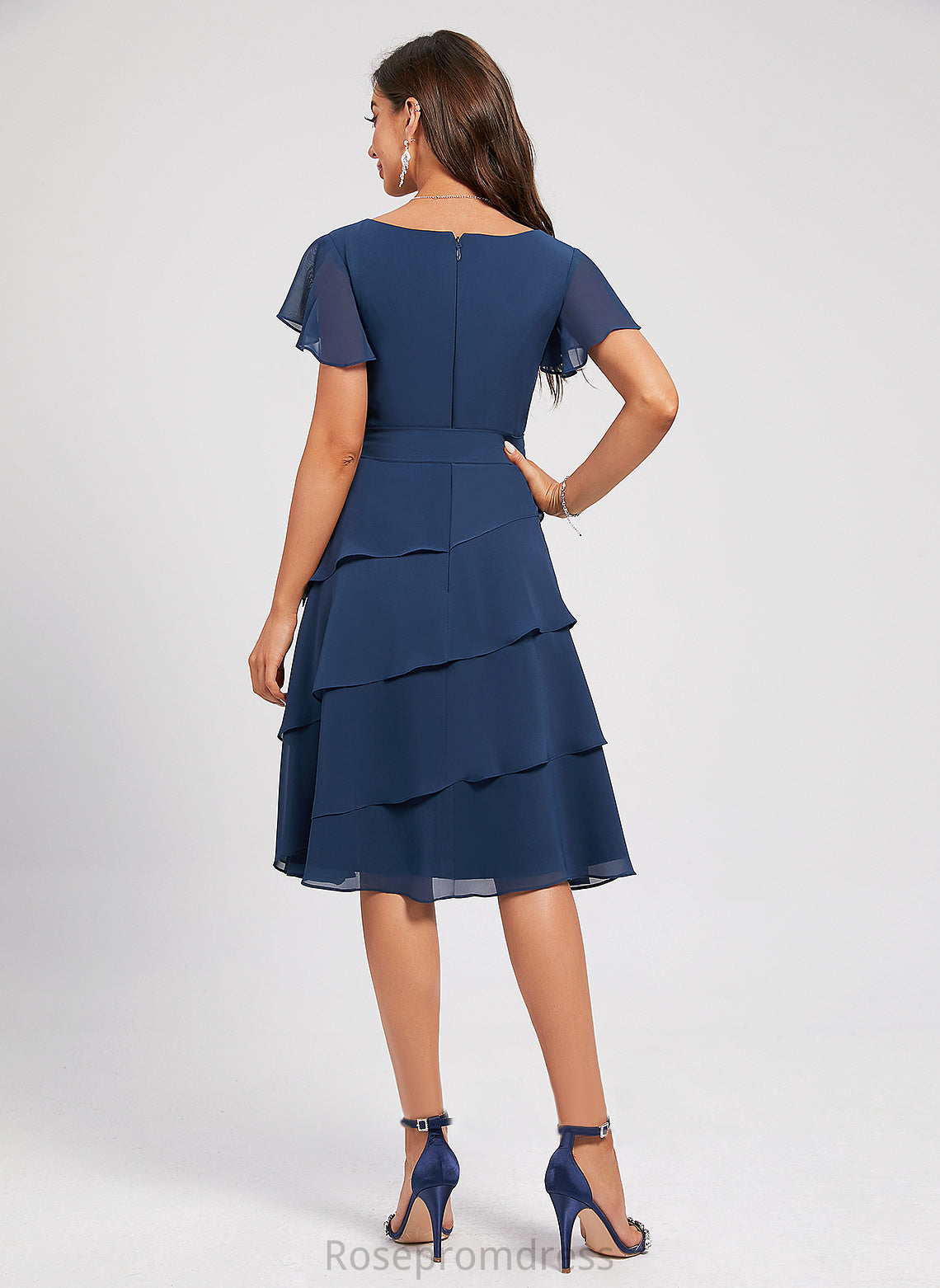 Ruffle Chiffon Dress Knee-Length Sash A-Line With V-neck Cocktail Chloe Cocktail Dresses