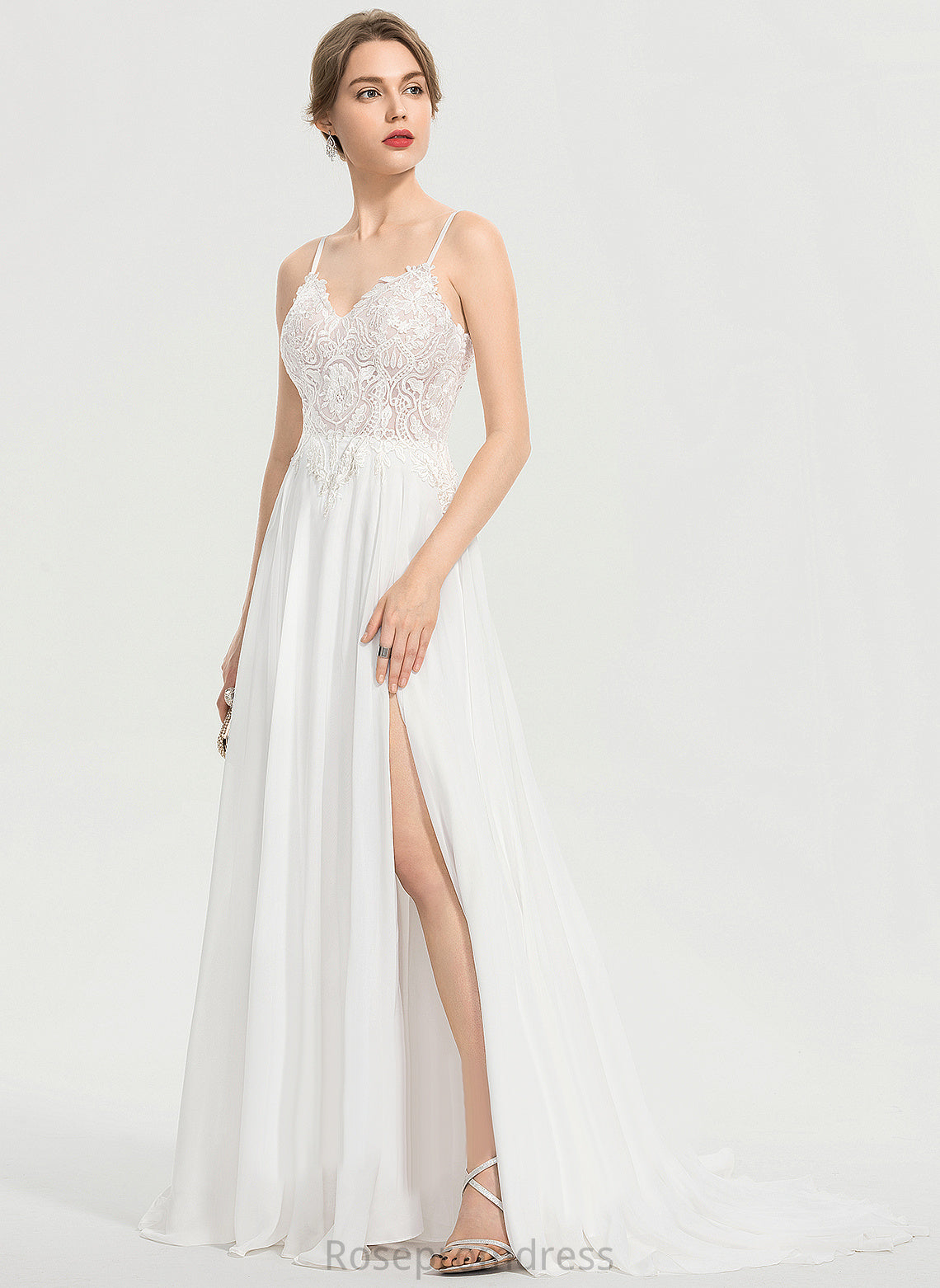 Front Lace Train Chiffon Delilah V-neck Wedding Dresses Wedding Sweep A-Line With Split Dress