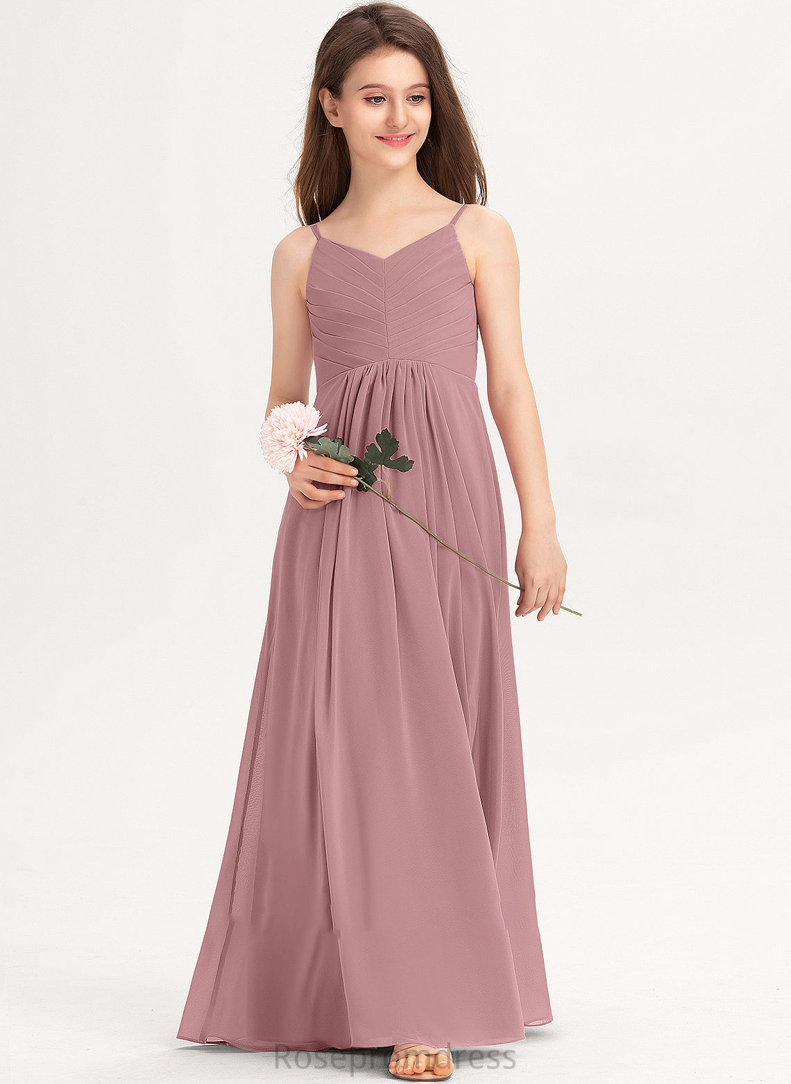 Junior Bridesmaid Dresses Saniya Chiffon With Floor-Length V-neck Ruffle A-Line