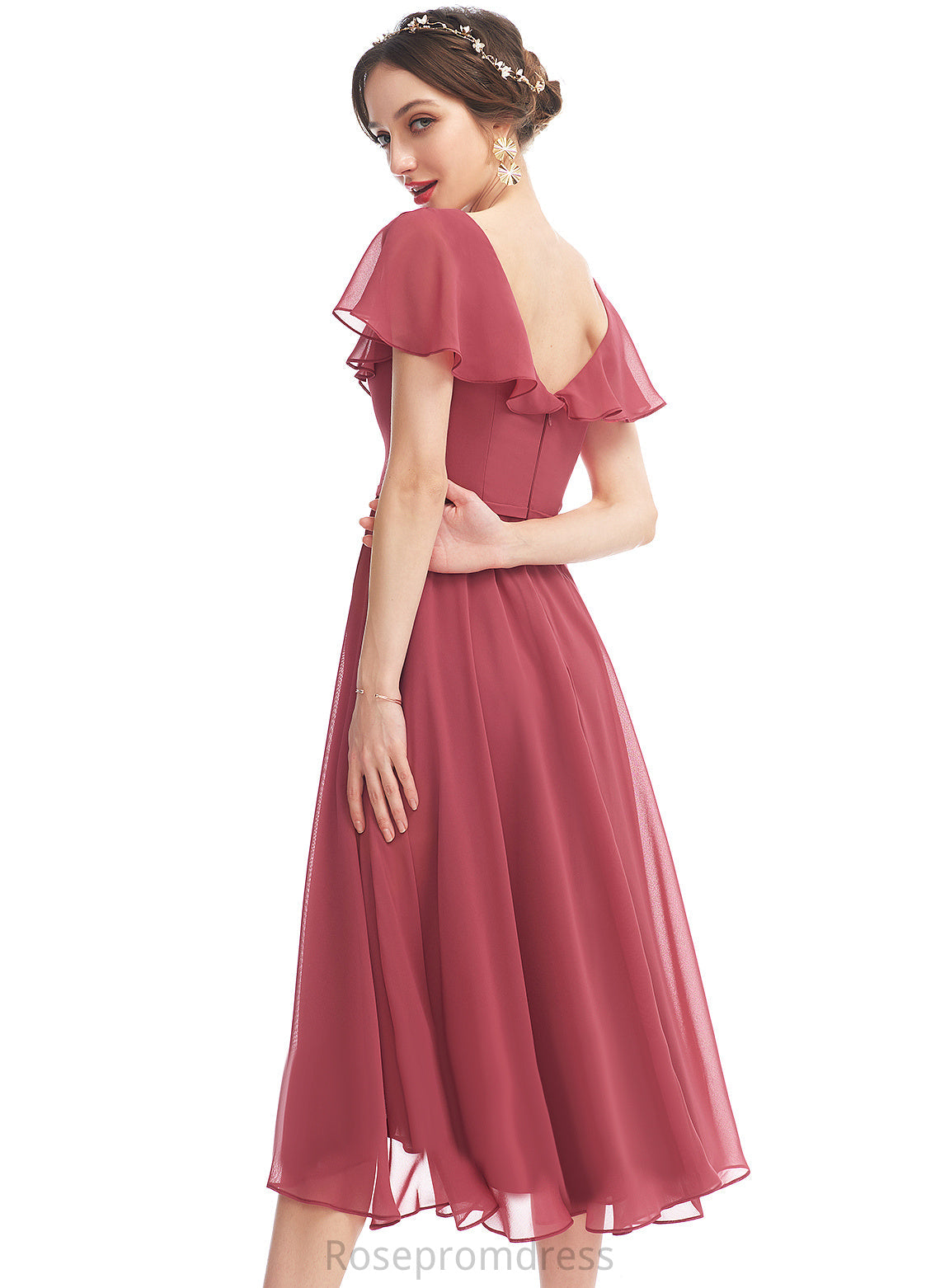 A-Line V-neck Neckline Embellishment Silhouette Asymmetrical Fabric Ruffle Length Alisha Natural Waist Scoop Bridesmaid Dresses