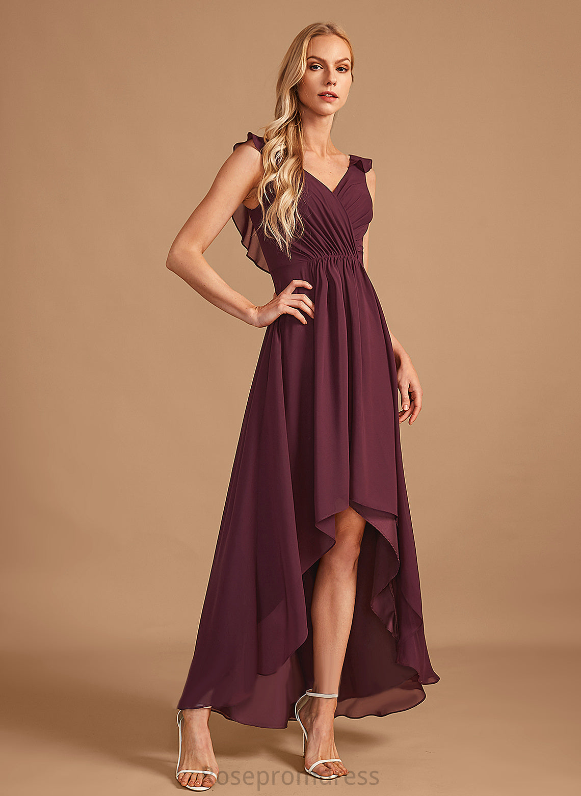 Asymmetrical Ruffle Silhouette Neckline Embellishment Length V-neck A-Line Fabric Mattie Bridesmaid Dresses