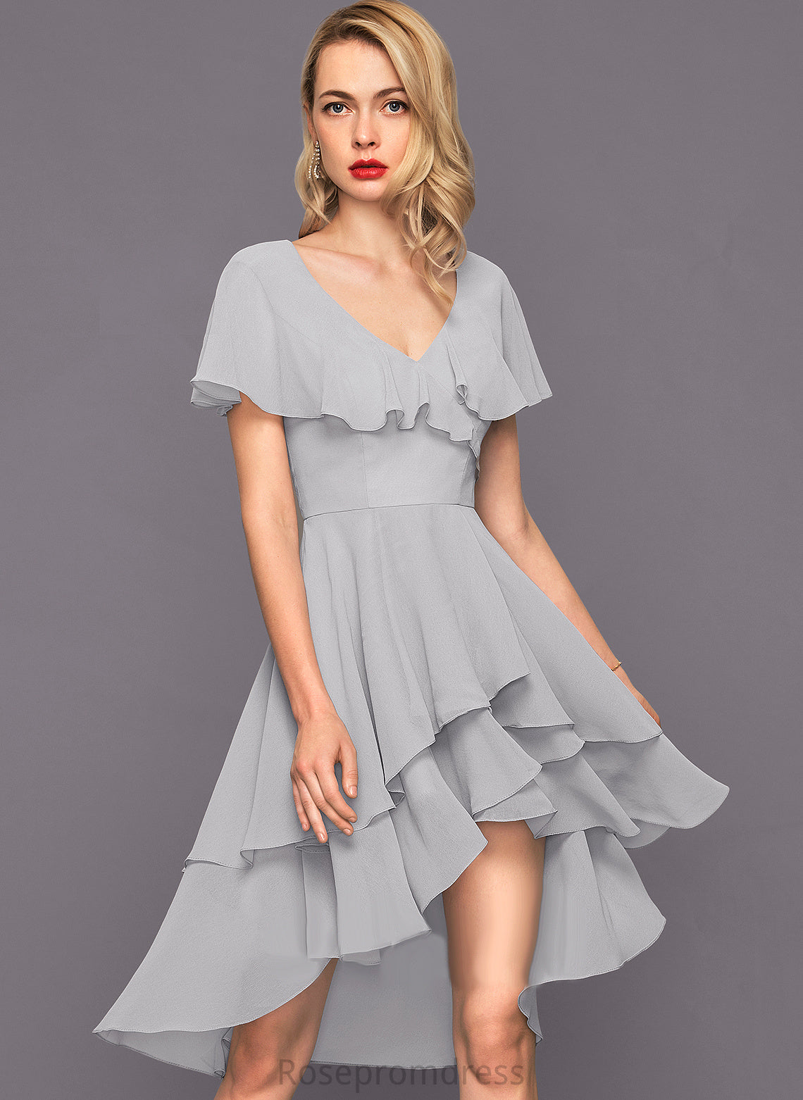 V-neck Makenna Dress With Asymmetrical A-Line Chiffon Ruffles Cocktail Cascading Cocktail Dresses