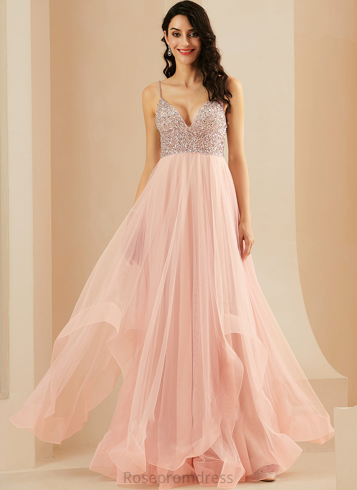 V-neck Sequins A-Line Tulle Floor-Length Beading Prom Dresses Susie With