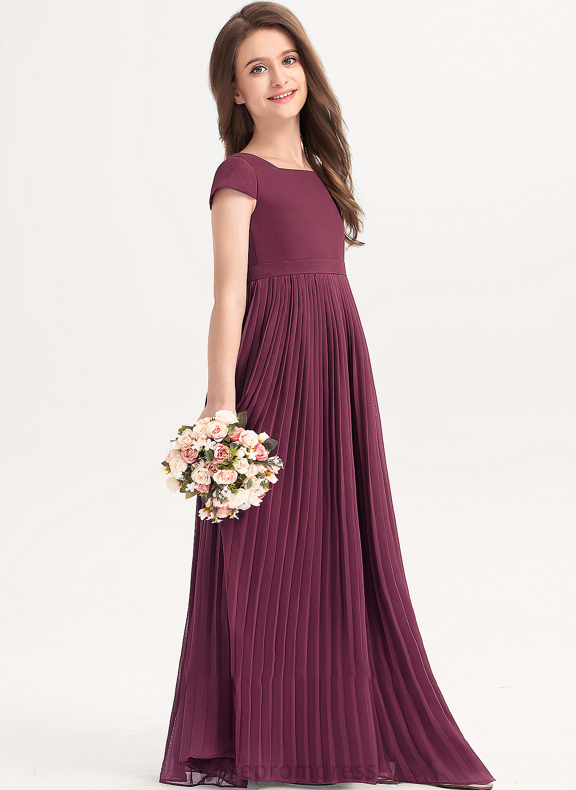 Junior Bridesmaid Dresses Winnie With Chiffon Pleated Floor-Length Square Bow(s) Lace A-Line Neckline