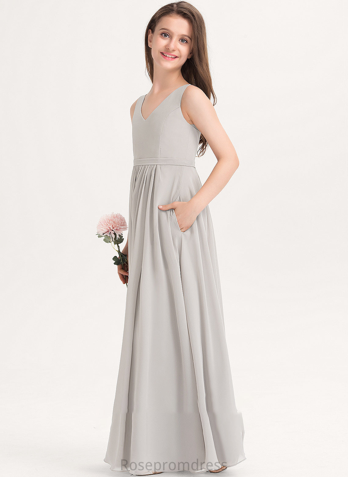 Floor-Length V-neck Roselyn Chiffon Pockets With A-Line Junior Bridesmaid Dresses