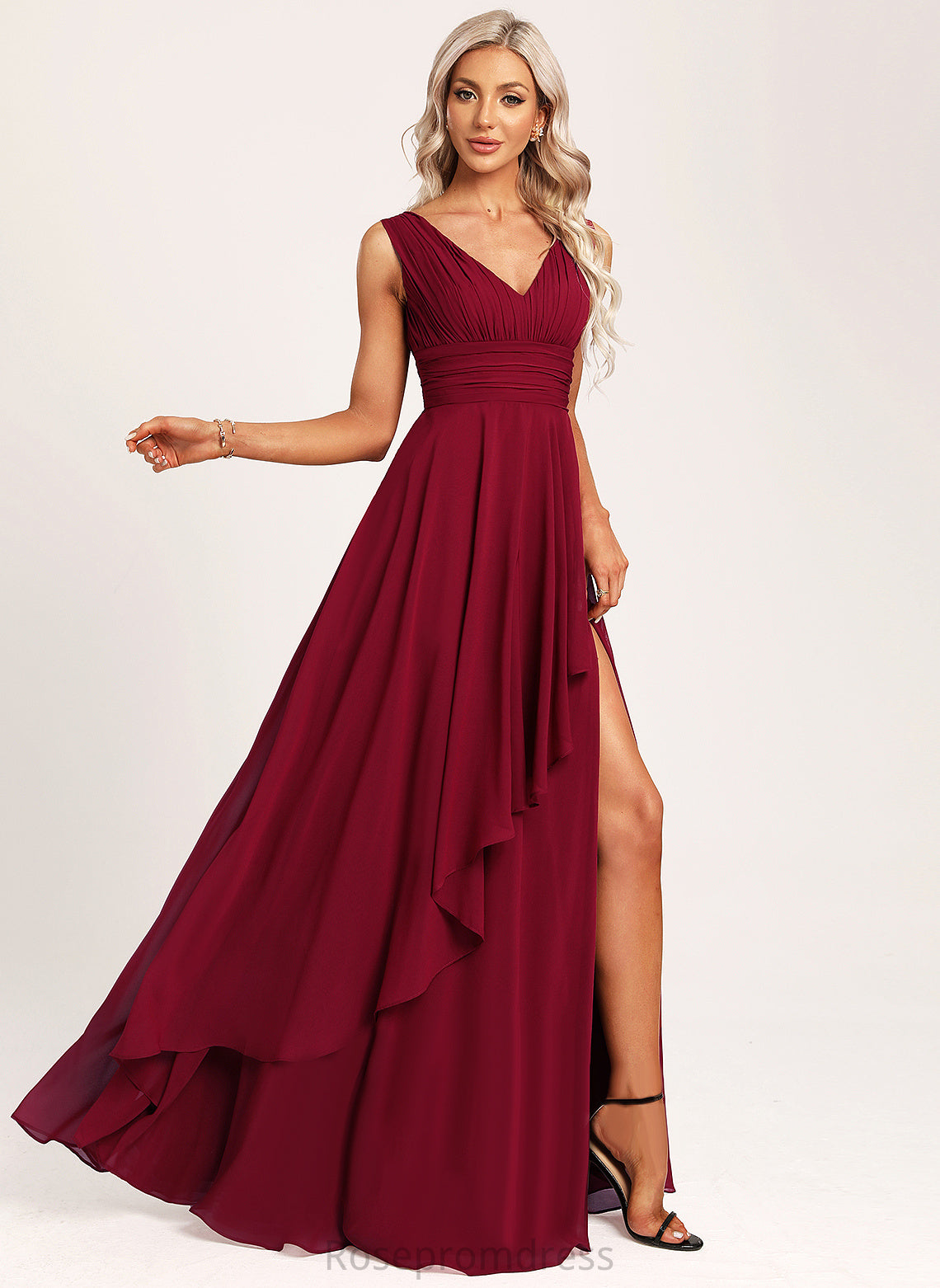 Silhouette Length Floor-Length A-Line Neckline Fabric Ruffle V-neck Embellishment Taliyah Bridesmaid Dresses