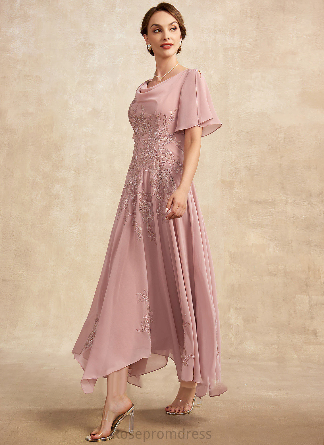 A-Line Amya Neck Bride Ankle-Length the Mother of the Bride Dresses of Lace Chiffon Mother Dress Cowl