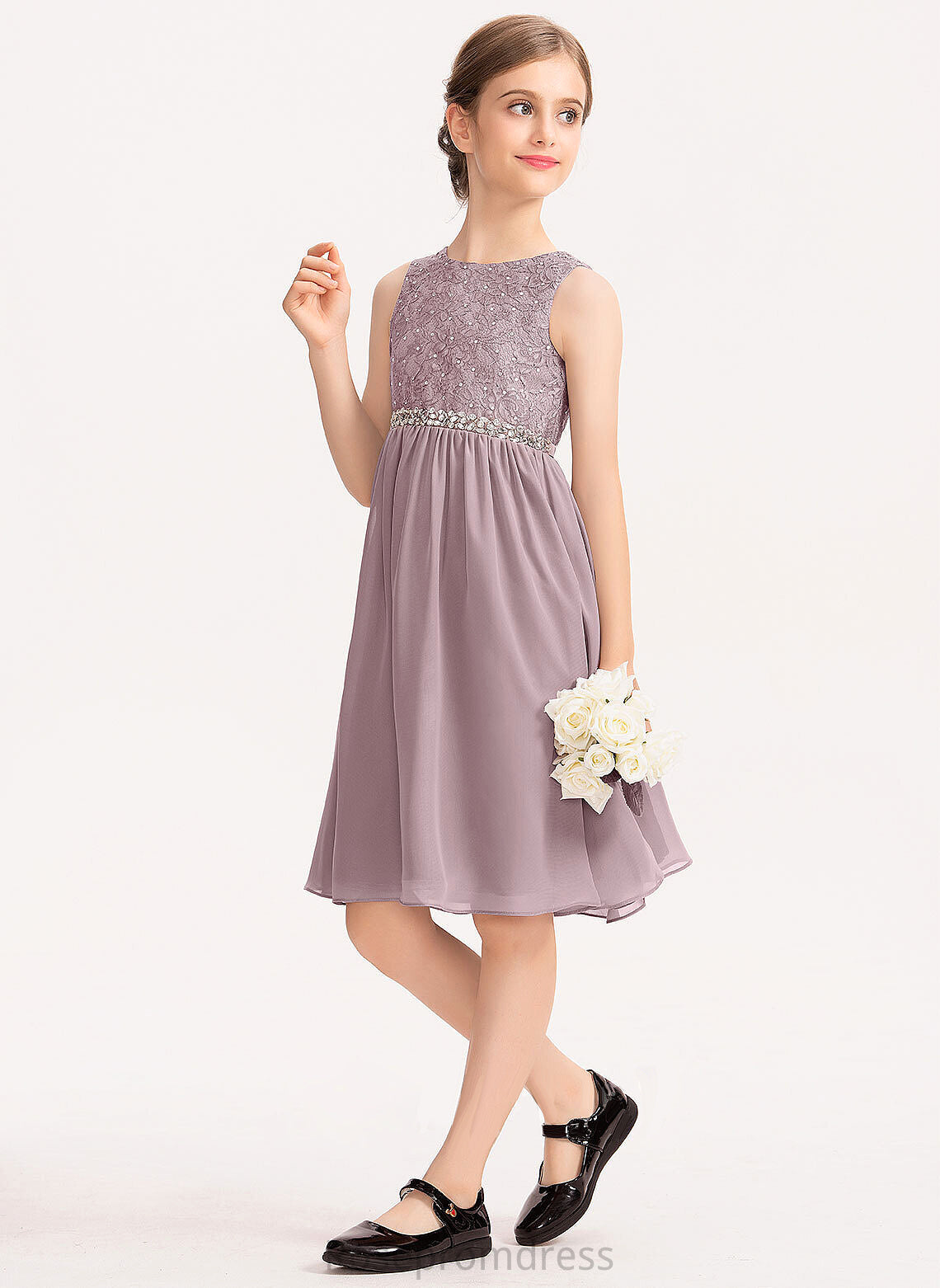 A-Line Chiffon Lace Junior Bridesmaid Dresses Bow(s) Beading Scoop With Knee-Length Cali Neck