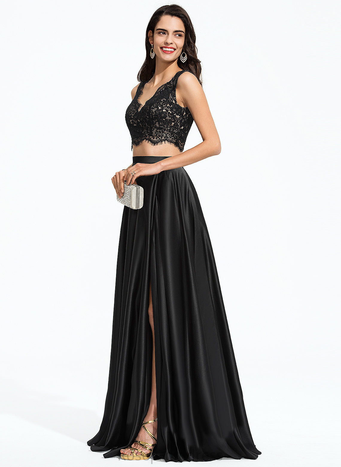 Prom Dresses Lace A-Line V-neck Satin Floor-Length Sanai