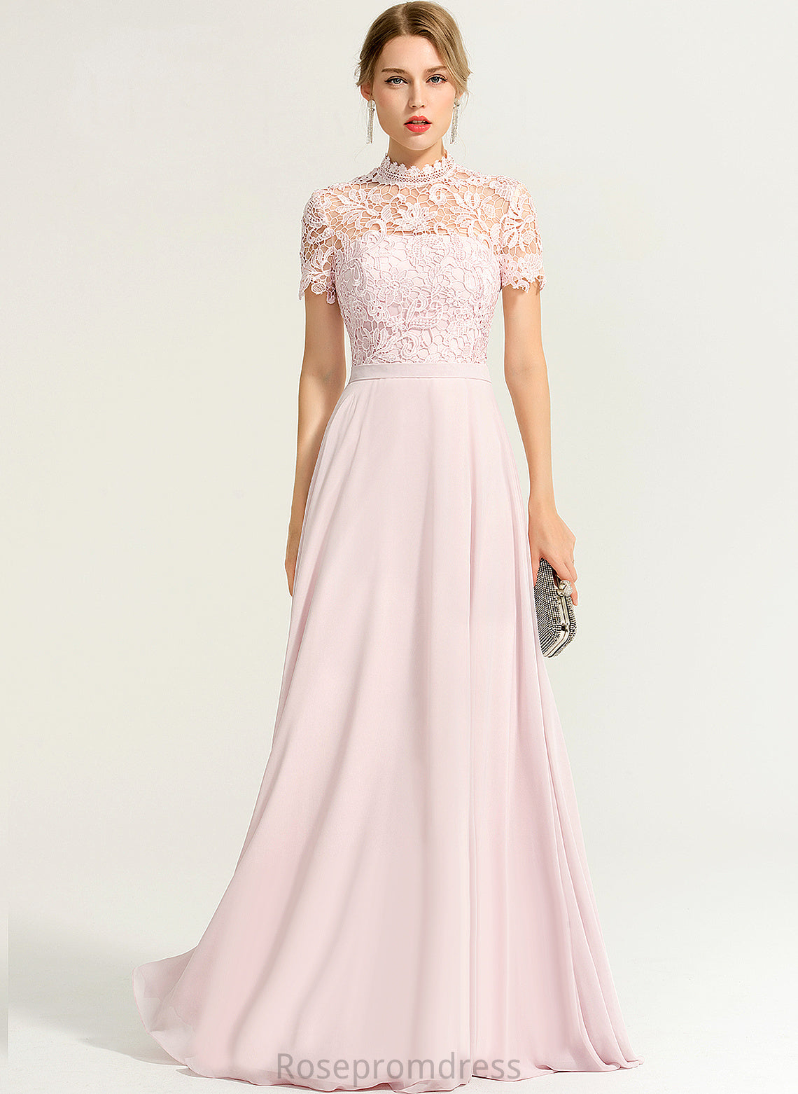 High Chiffon Prom Dresses Illusion Fatima Lace Neck Floor-Length A-Line