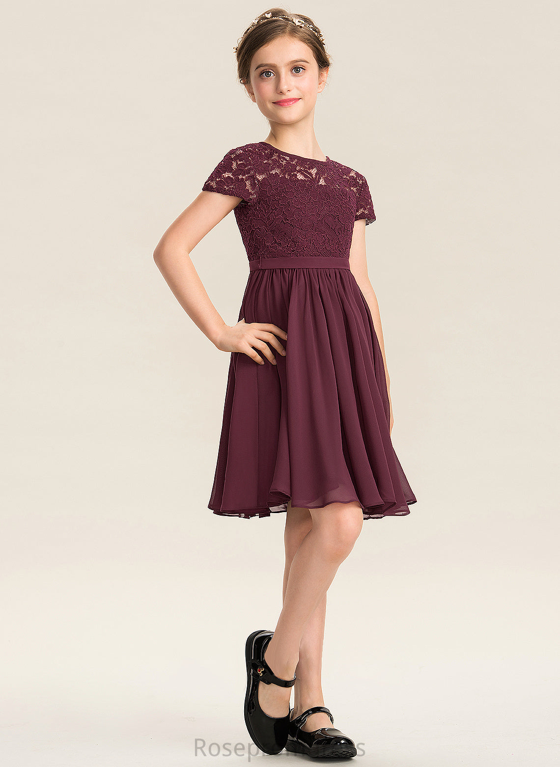 Lace With A-Line Payton Chiffon Bow(s) Neck Scoop Junior Bridesmaid Dresses Knee-Length