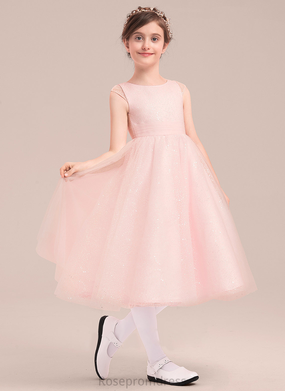 Bow(s) Sleeveless Caroline With Dress Tulle Girl Scoop A-Line/Princess - Tea-length Flower Neck Flower Girl Dresses