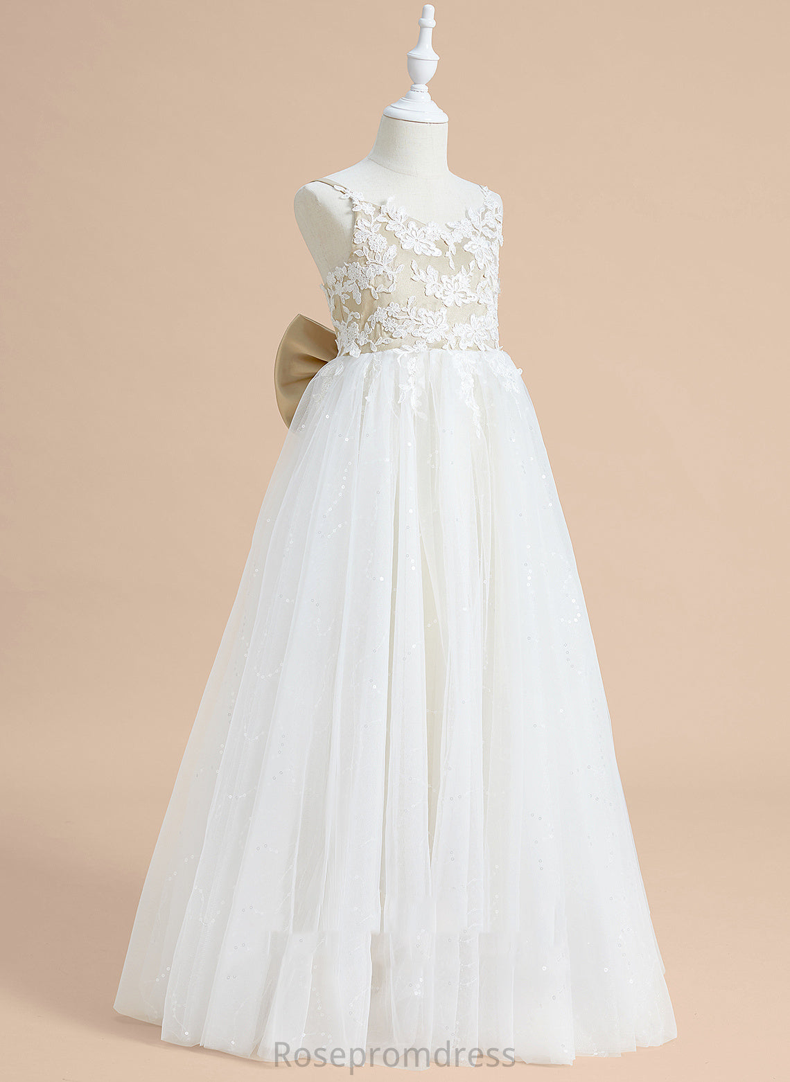 V-neck Flower Girl Dresses Ball-Gown/Princess Girl - Lace/Bow(s) Sleeveless Dana Satin/Tulle Floor-length Dress With Flower