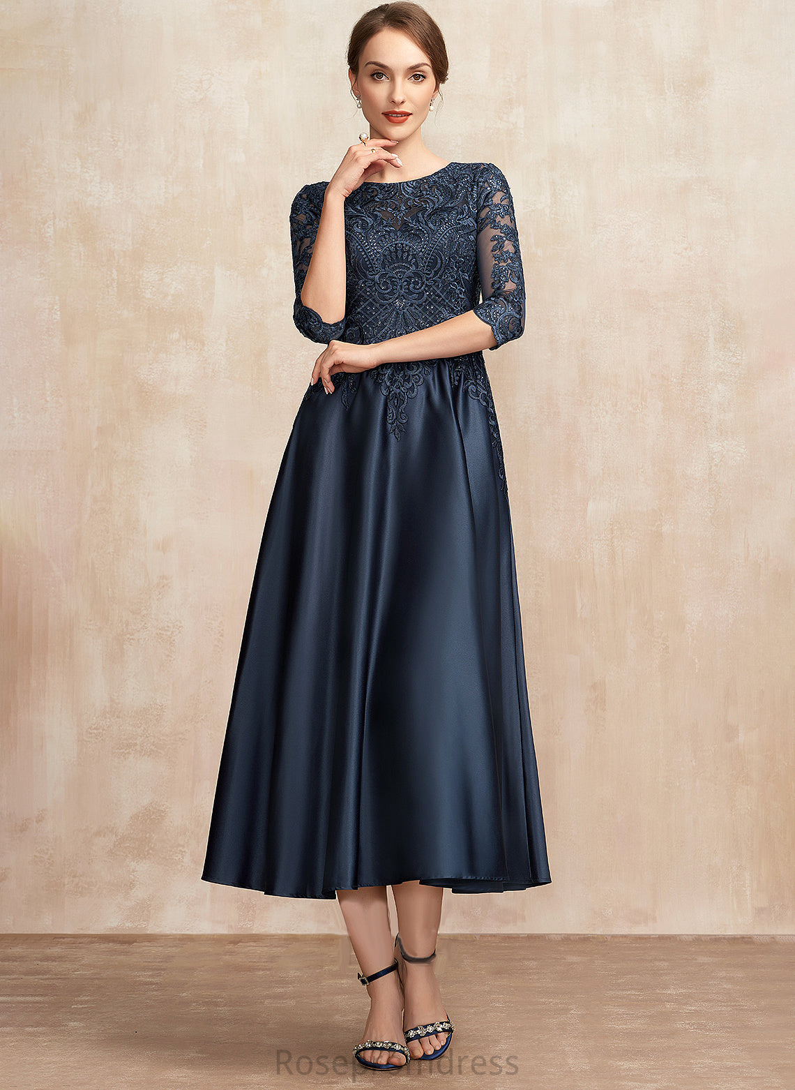 Tea-Length Mother Karina Dress Mother of the Bride Dresses With Sequins Lace Bride the A-Line of Satin Scoop Neck