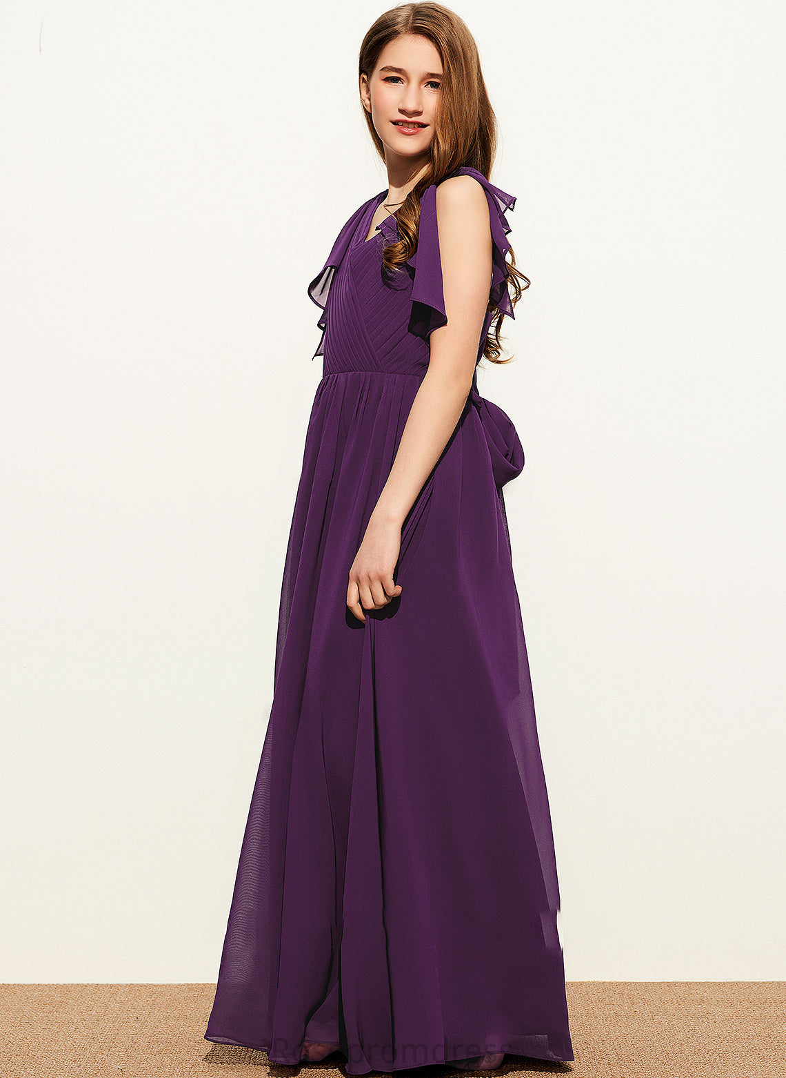 Floor-Length Junior Bridesmaid Dresses Bow(s) A-Line Ruffles Chiffon With V-neck Rosa Cascading