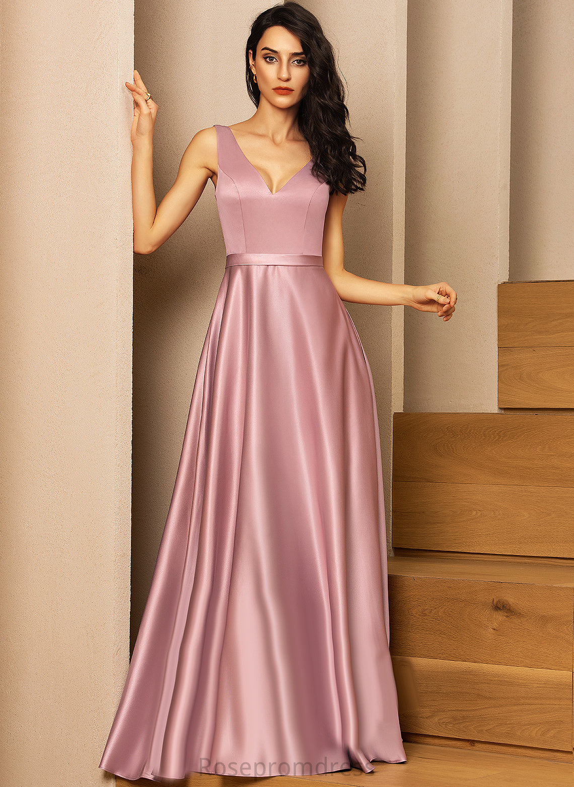 Straps&Sleeves Fabric V-neck Silhouette Floor-Length A-Line Length Neckline Satin Mira Bridesmaid Dresses