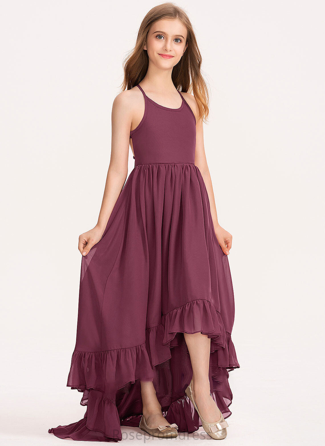 Neck Bow(s) Ruffles Asymmetrical With Marely Junior Bridesmaid Dresses Scoop Cascading Chiffon A-Line