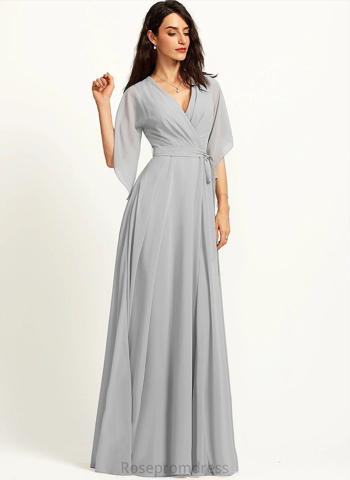 Floor-Length Fabric Silhouette Length V-Neck Straps&Sleeves Neckline A-line Delaney Natural Waist Sweep-Brush Train Trumpet/Mermaid Bridesmaid Dresses