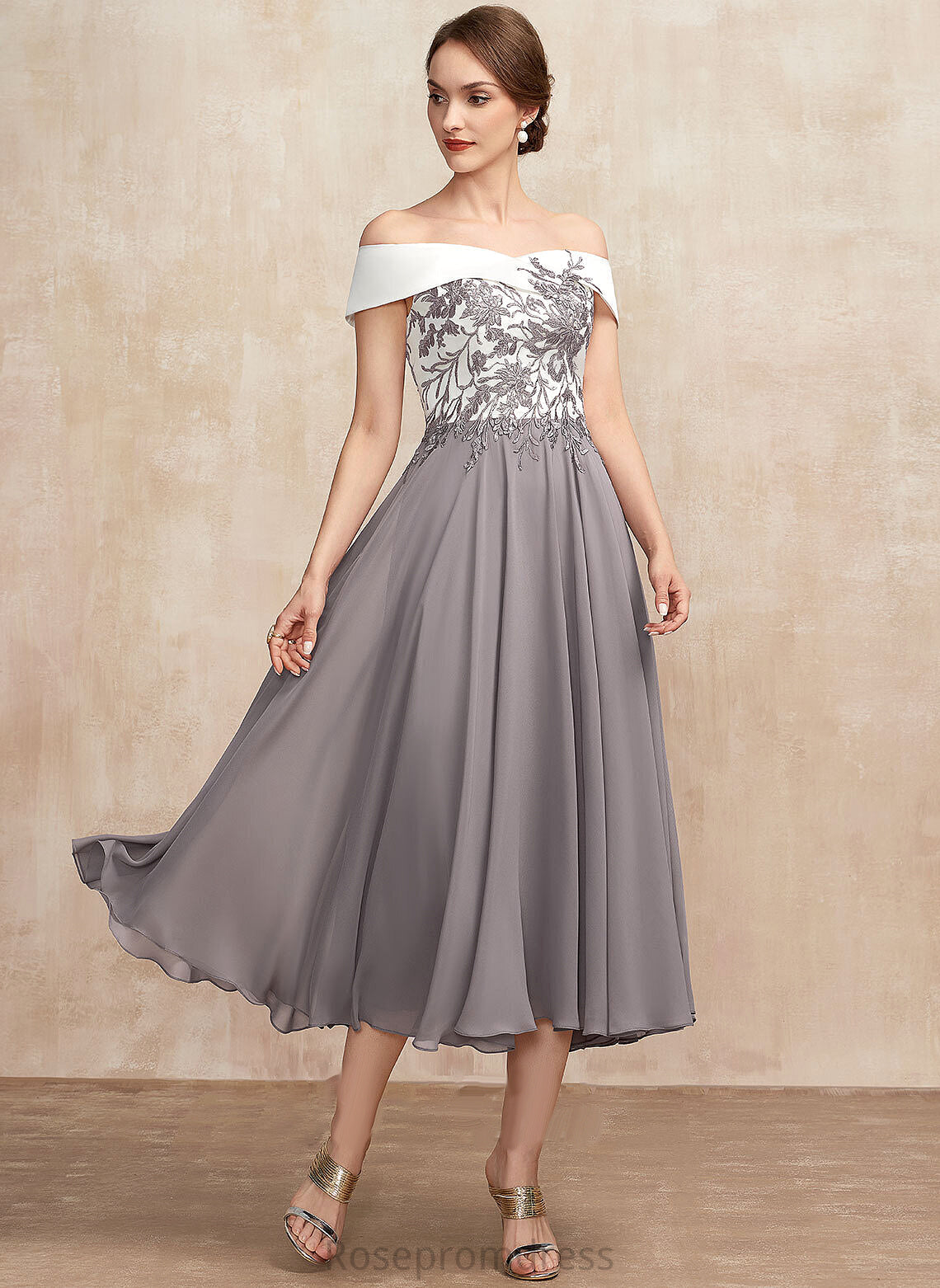 Lace A-Line Dress Tea-Length of Off-the-Shoulder Mother Bride Priscilla Mother of the Bride Dresses the Chiffon