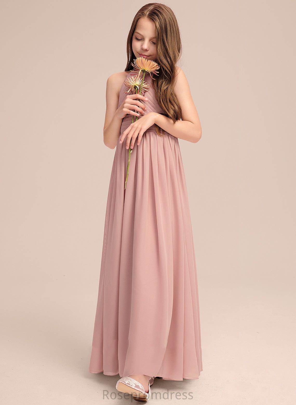 Junior Bridesmaid Dresses Floor-Length Angela With Ruffle Neck A-Line Scoop Chiffon