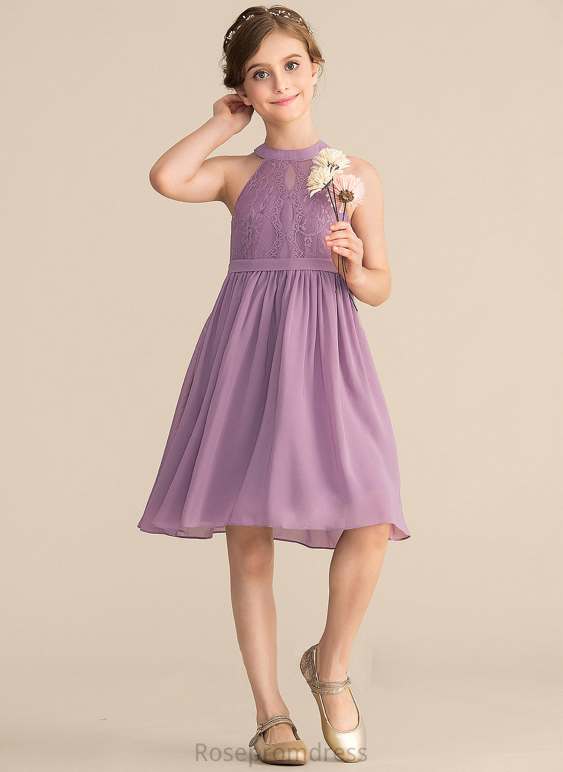 Chiffon Knee-Length Neck Lace Rachael Junior Bridesmaid Dresses A-Line Scoop