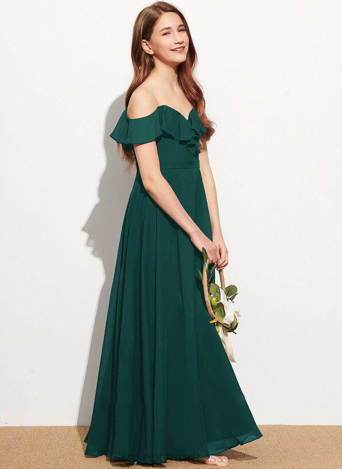 Floor-Length Cascading Off-the-Shoulder Ruffles With Averi Junior Bridesmaid Dresses Chiffon A-Line