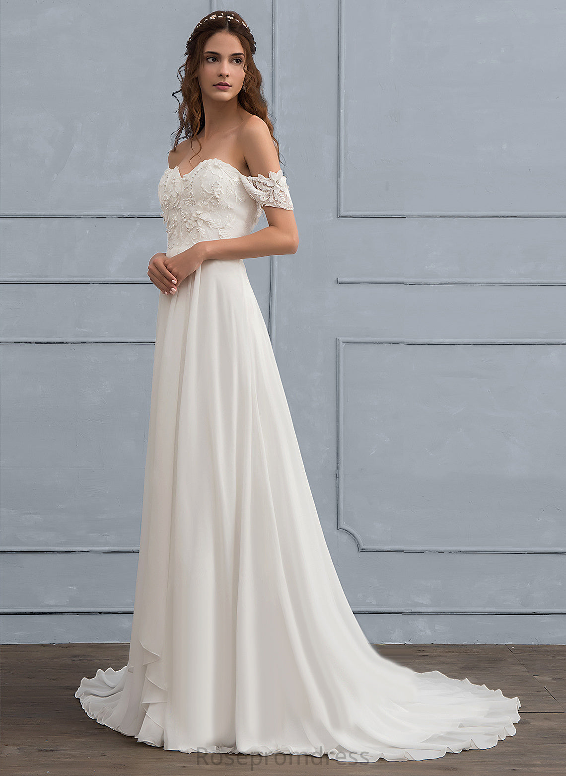 Michaelia Train Lace Flower(s) Sweep Off-the-Shoulder Wedding Dresses Dress Wedding A-Line Chiffon With Beading