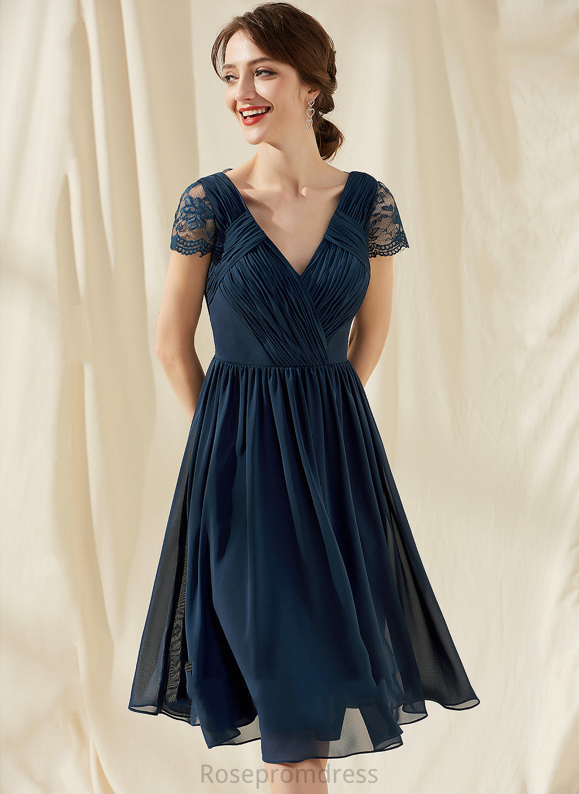 Chiffon With Lace A-Line Homecoming V-neck Knee-Length Dress Homecoming Dresses Ruffle Melina