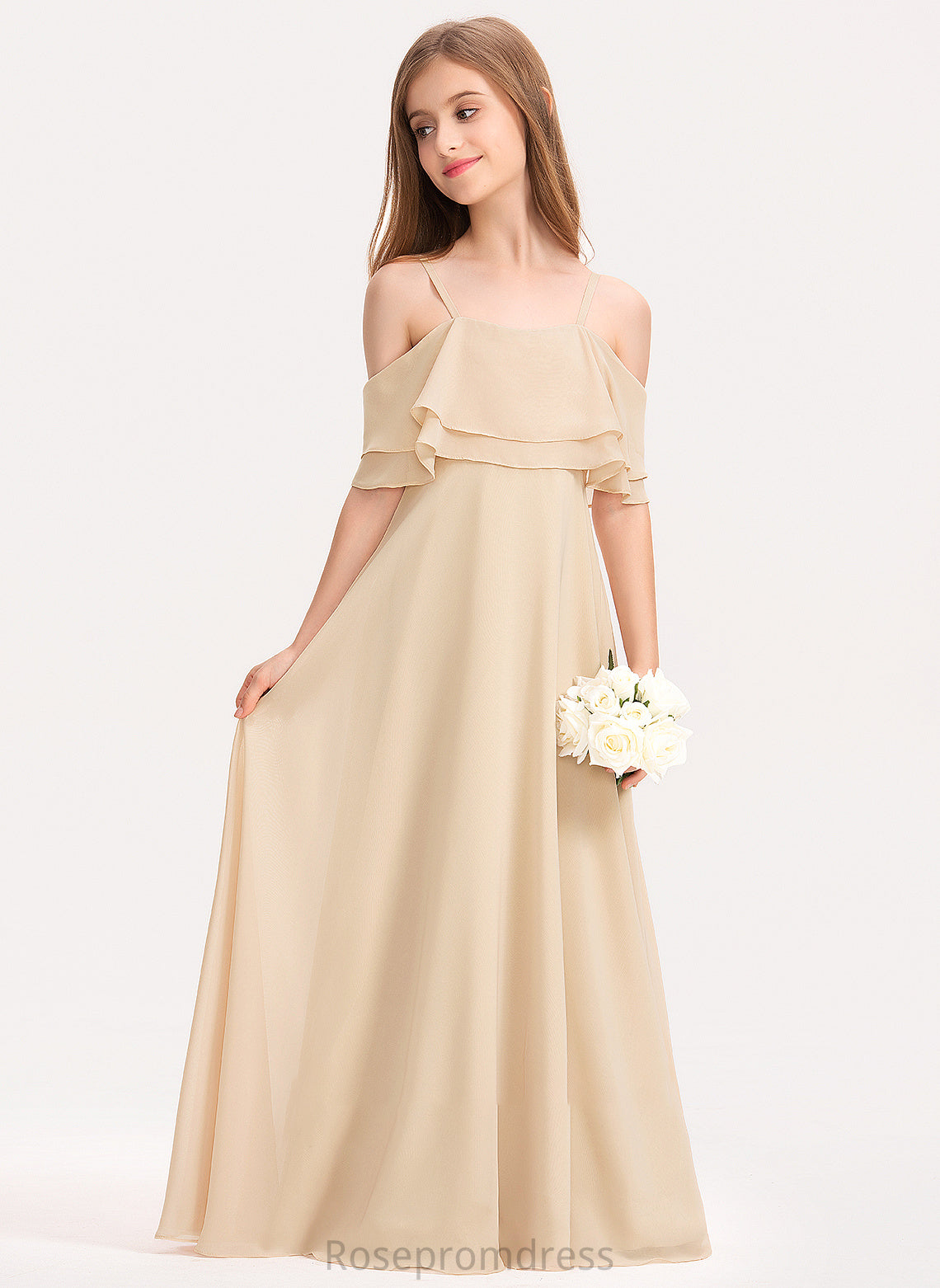 Chiffon With A-Line Off-the-Shoulder Kamryn Junior Bridesmaid Dresses Ruffles Cascading Floor-Length