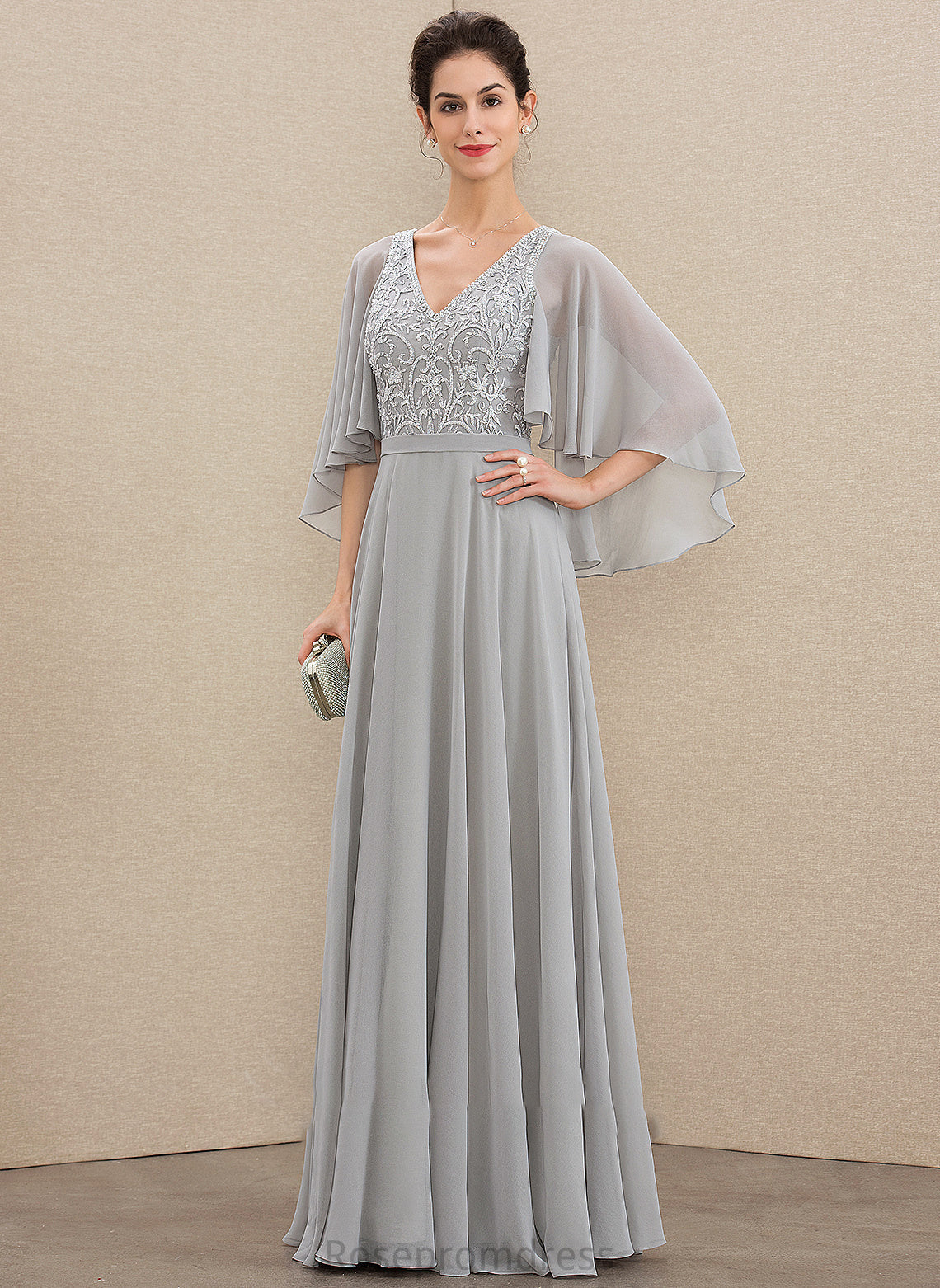 A-Line Viola Sequins Chiffon Mother Mother of the Bride Dresses of Dress Lace Floor-Length With V-neck the Beading Bride