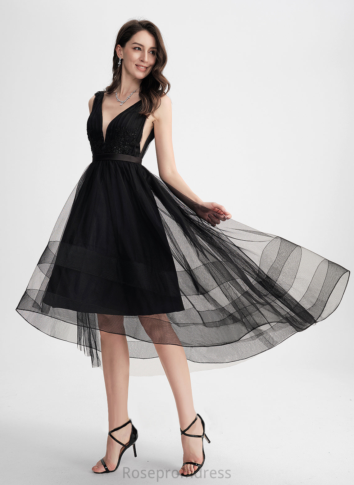 Ina Lace Cocktail With Tulle A-Line Sequins Cocktail Dresses V-neck Asymmetrical Dress