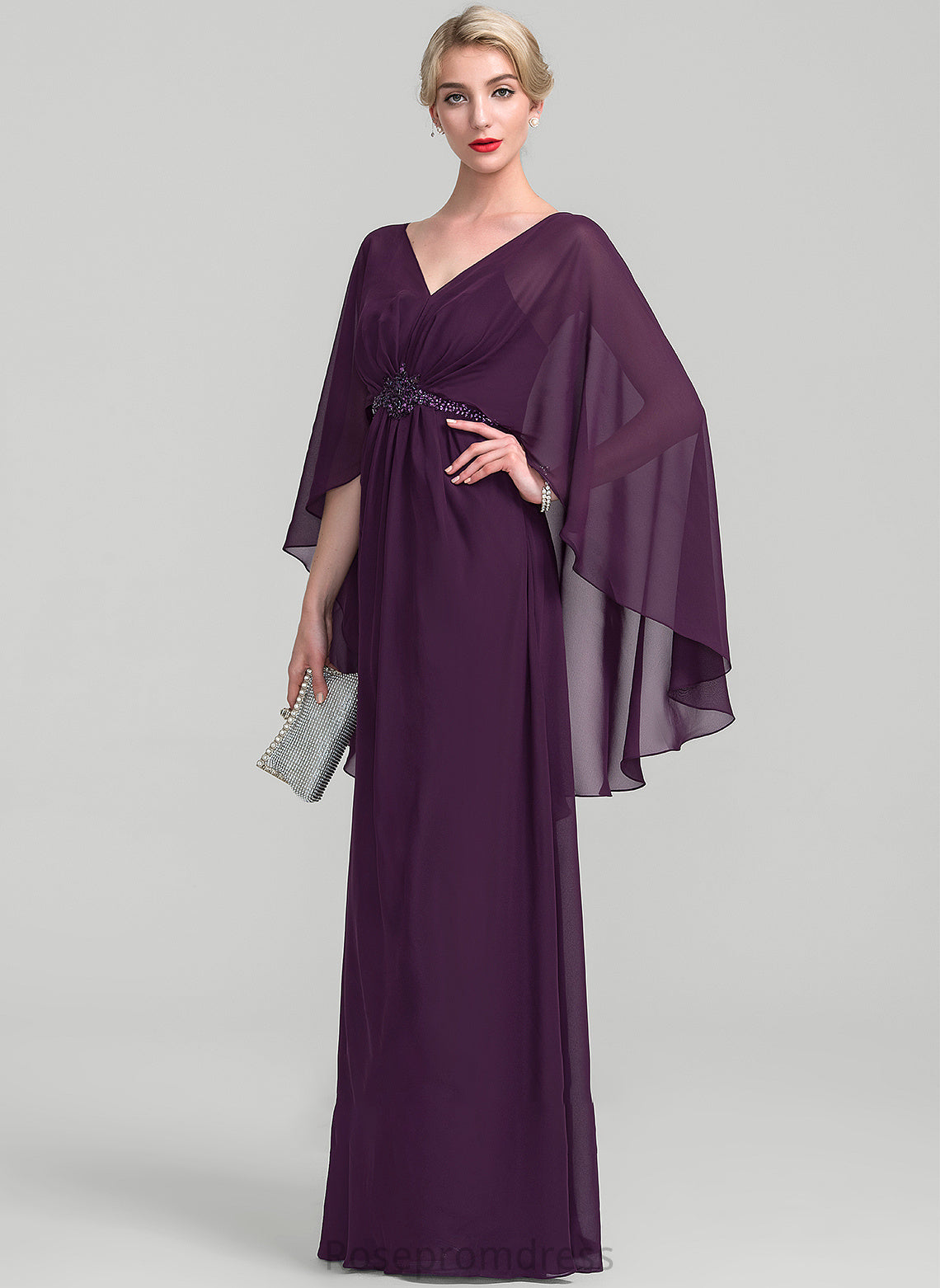 A-Line Floor-Length the Mother With Chiffon Ruffle Dress of Beading V-neck Mina Mother of the Bride Dresses Bride