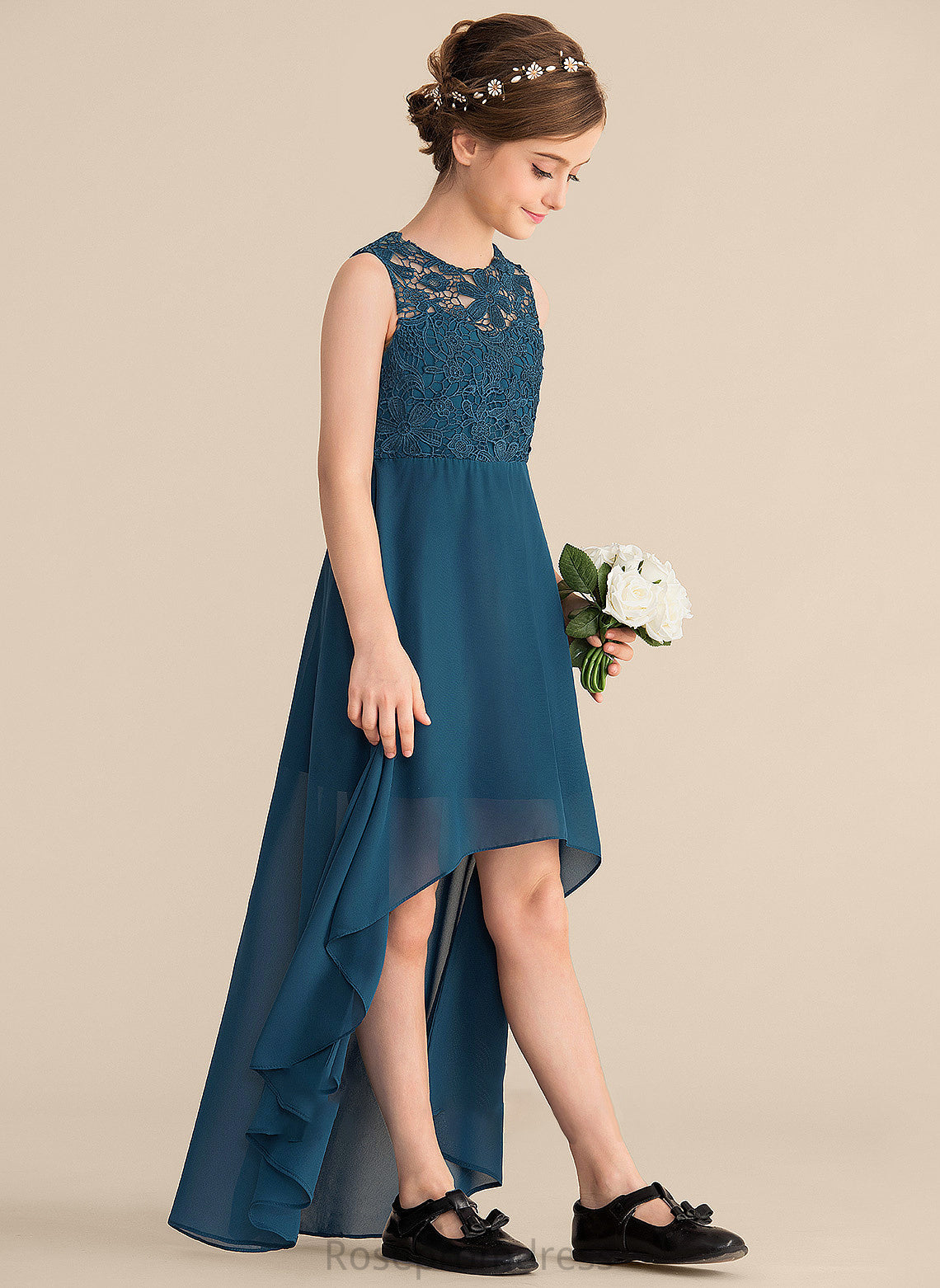 Scoop Chiffon Junior Bridesmaid Dresses Neck Kamora Asymmetrical A-Line Lace