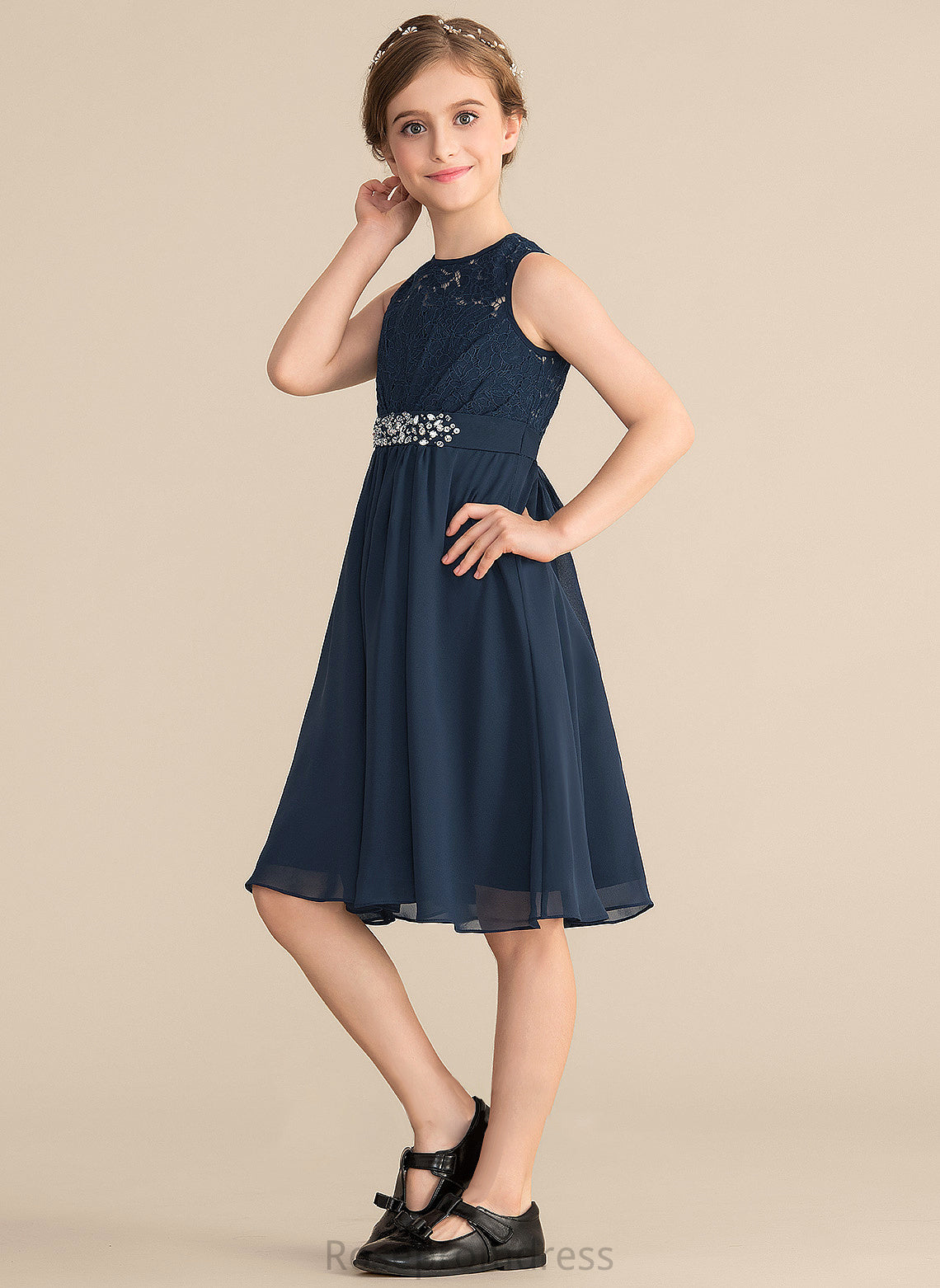 Knee-Length With Chiffon Bow(s) Neck Trudie A-Line Lace Scoop Beading Junior Bridesmaid Dresses Sequins