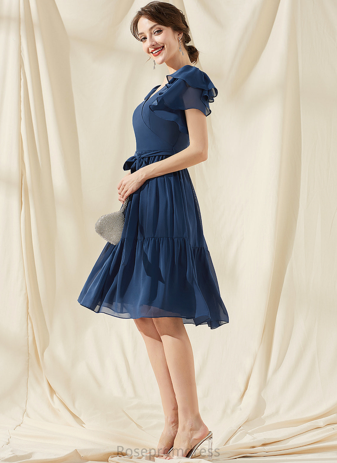 Ruffles Cascading Homecoming Dresses With Homecoming V-neck Bow(s) Dress Knee-Length Chiffon Viviana A-Line