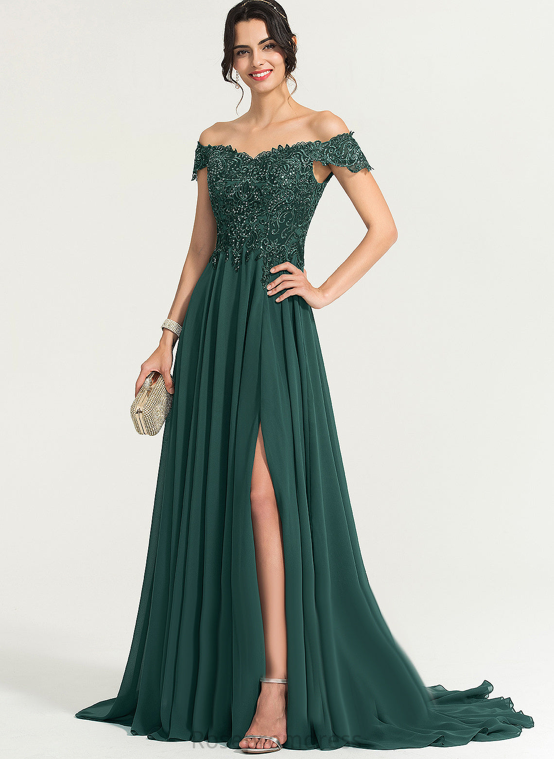 Chiffon Off-the-Shoulder Sequins Sweep A-Line Savanna Train Lace With Prom Dresses