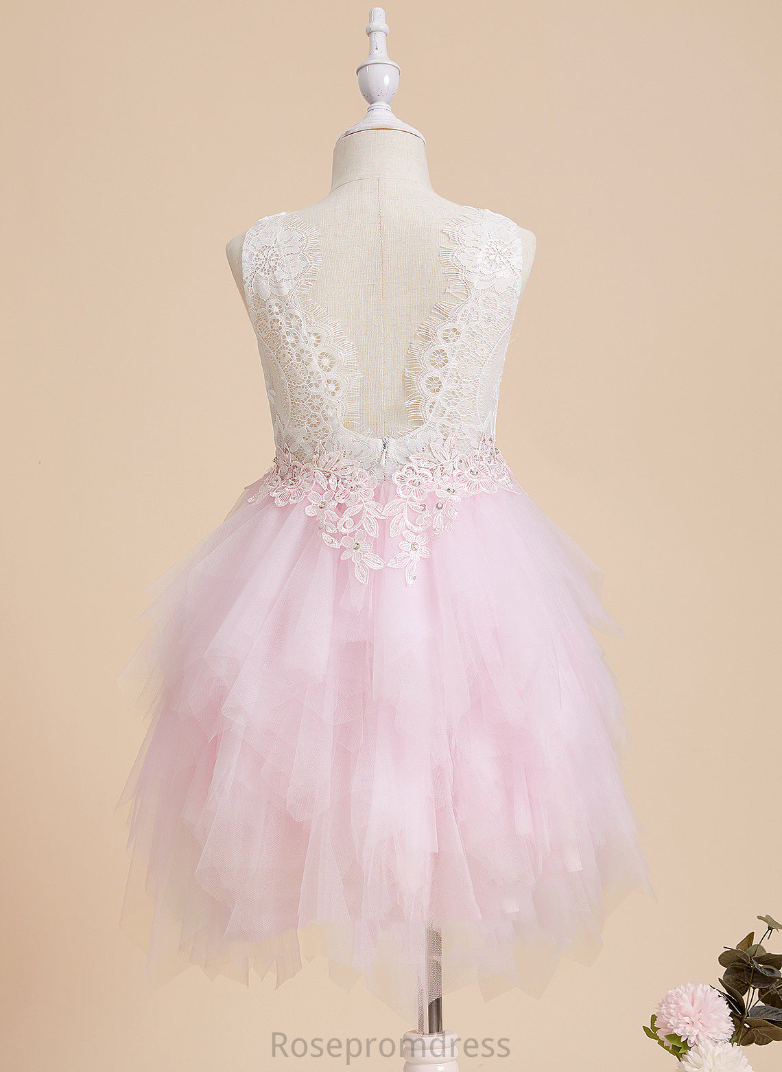 Lace/Beading/Sequins/V Flower Flower Girl Dresses Neck Sleeveless Back With Tulle/Lace Dress Knee-length Quinn Scoop Ball-Gown/Princess Girl