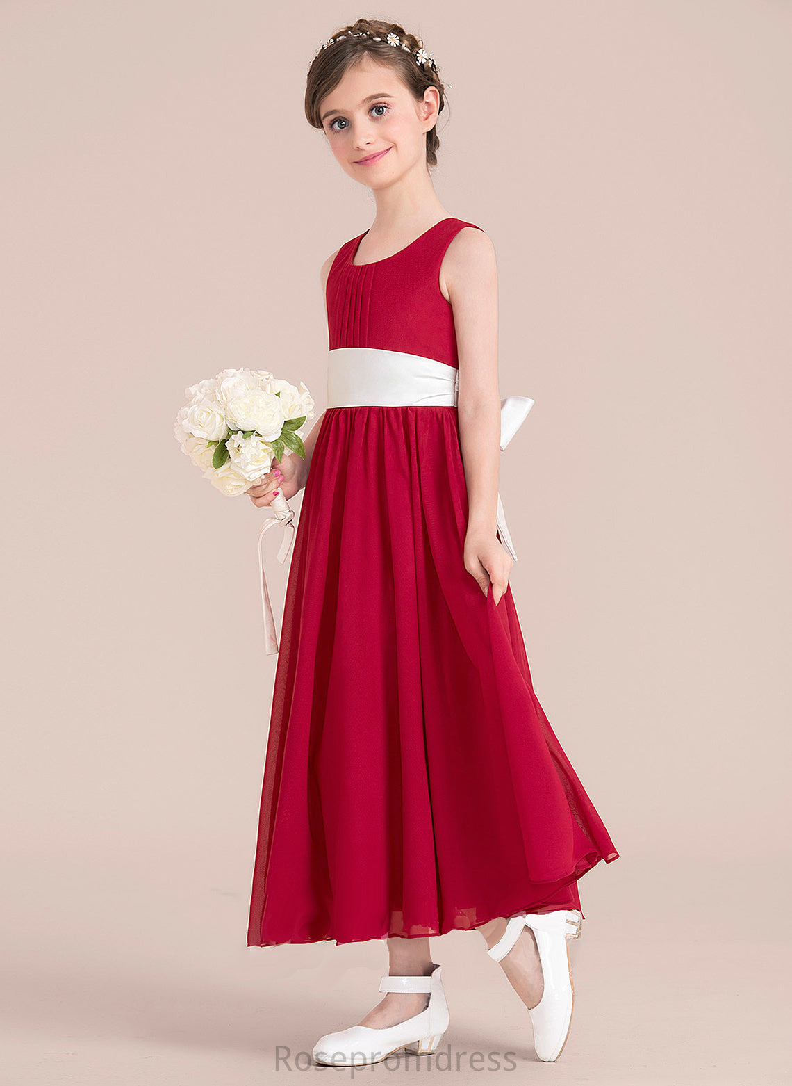 Ankle-Length Empire Junior Bridesmaid Dresses Scoop A-Line Bow(s) Sash Chiffon Neck Aurora With