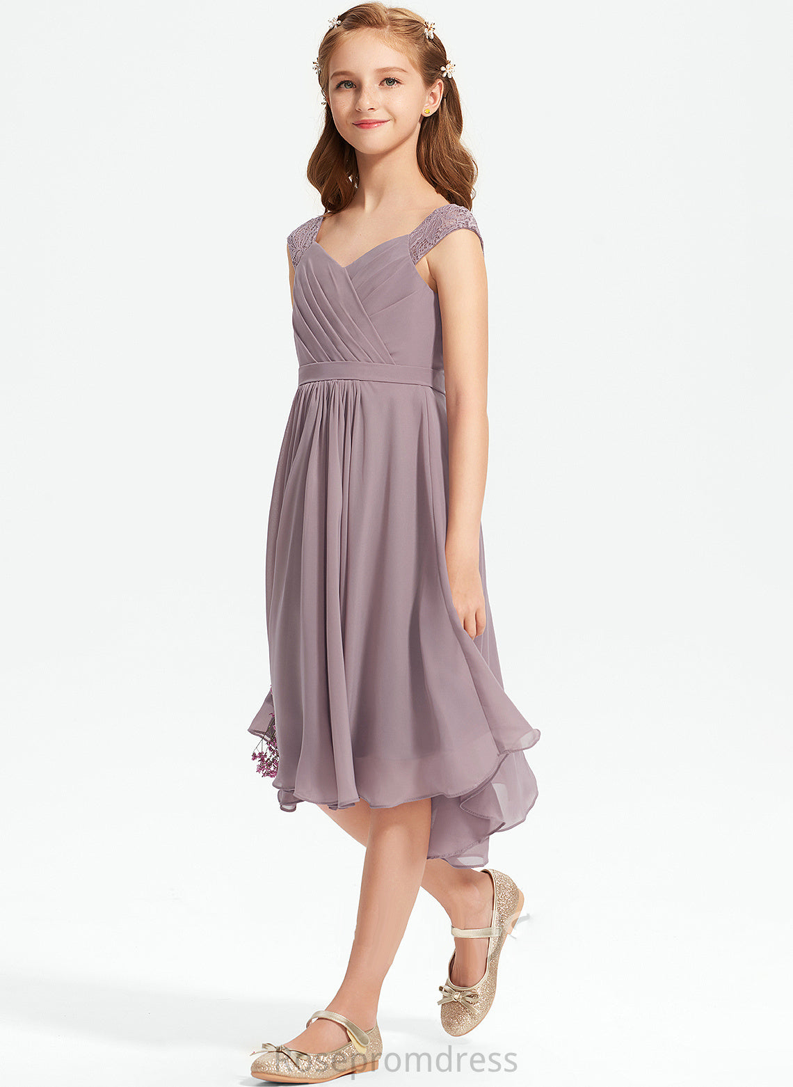 Ruffle With A-Line V-neck Catherine Lace Chiffon Knee-Length Junior Bridesmaid Dresses