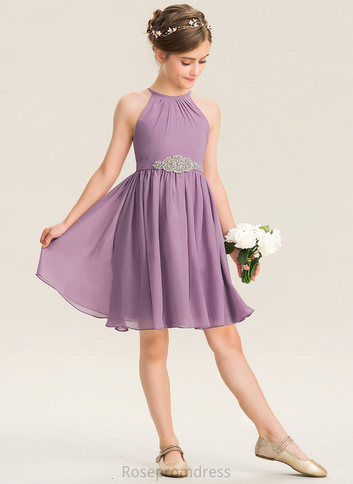 Junior Bridesmaid Dresses With Aryanna Beading Chiffon Ruffle Neck Knee-Length Scoop A-Line