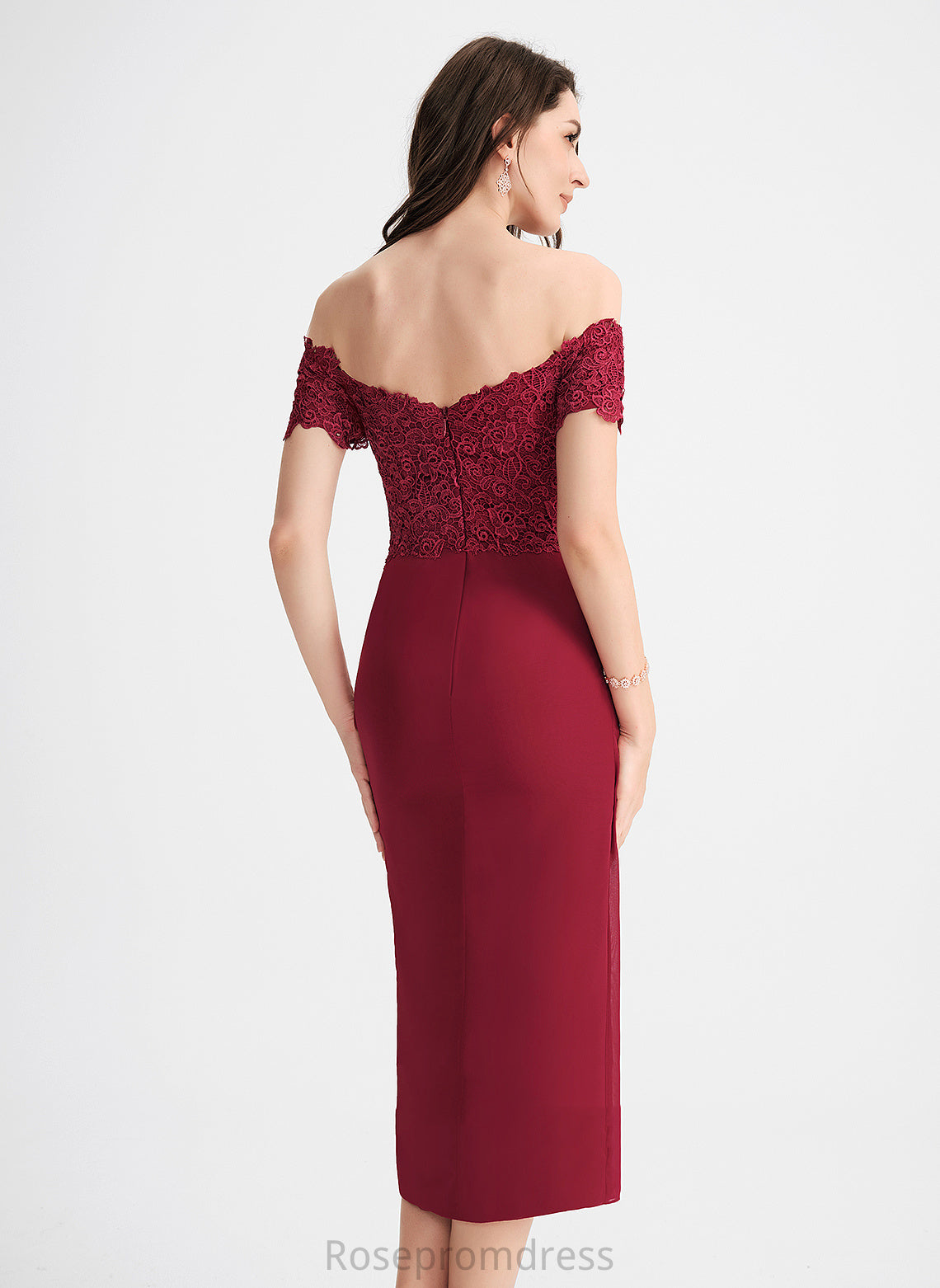 Sheath/Column Lace Maci Tea-Length Dress Chiffon Cocktail Dresses Off-the-Shoulder Cocktail