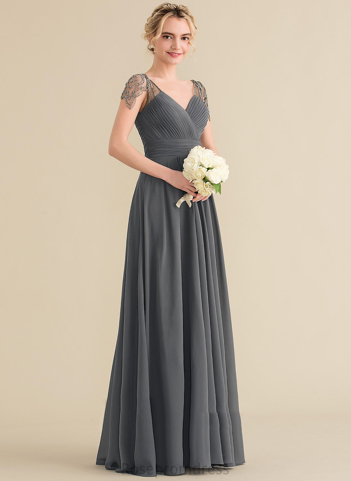 Pleated V-neck Fabric Floor-Length Sequins A-Line Beading Embellishment Length Neckline Silhouette Cassidy Bridesmaid Dresses