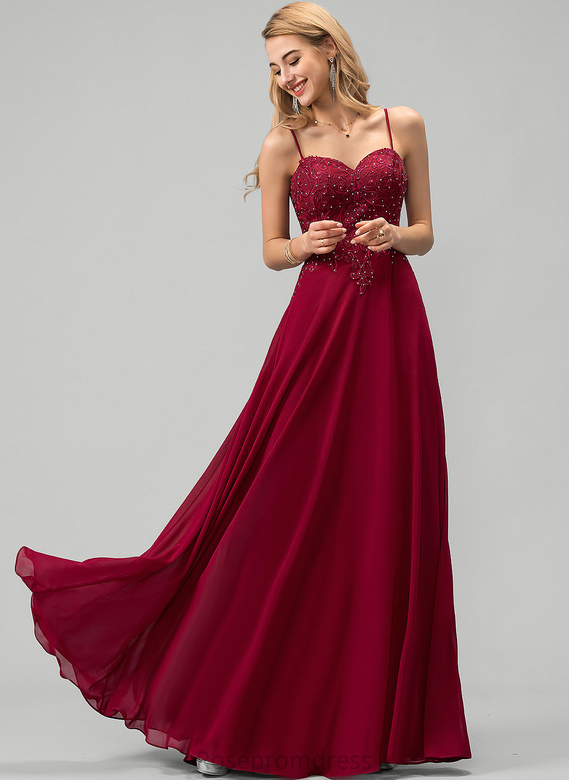 With Floor-Length Kaylynn Chiffon Rhinestone Lace Sweetheart A-Line Prom Dresses