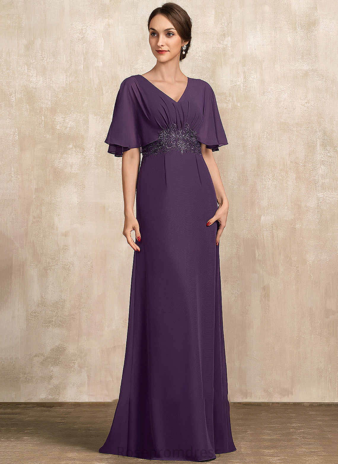 Bride Sequins Chiffon Dress With Lace of V-neck Hilary Mother of the Bride Dresses the Mother A-Line Floor-Length