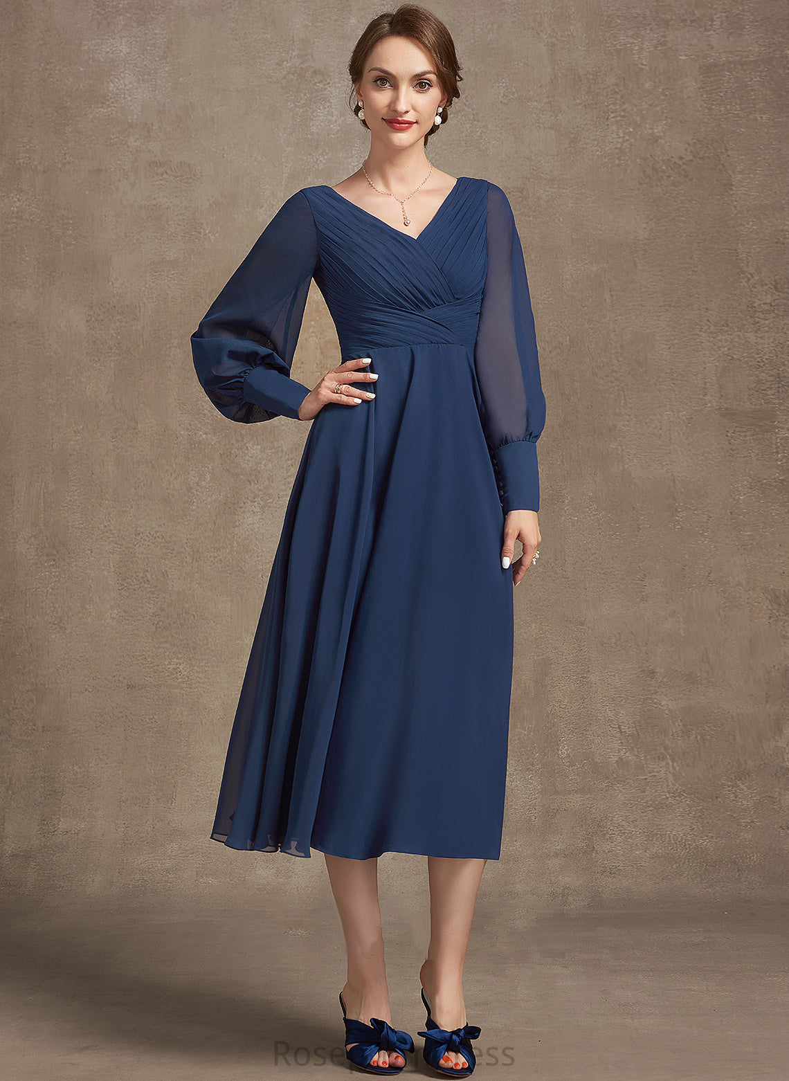 the Mother V-neck Ruffle Lilly Chiffon of With Dress Bride Tea-Length Mother of the Bride Dresses A-Line