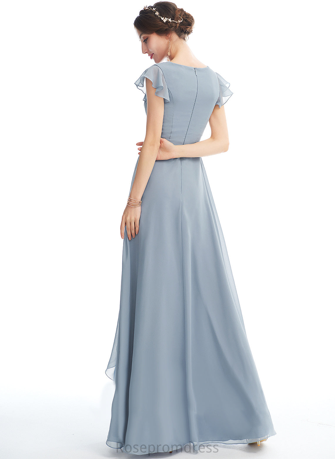 Silhouette Ruffle Fabric A-Line Length Embellishment SplitFront V-neck Neckline Floor-Length Lexi Bridesmaid Dresses