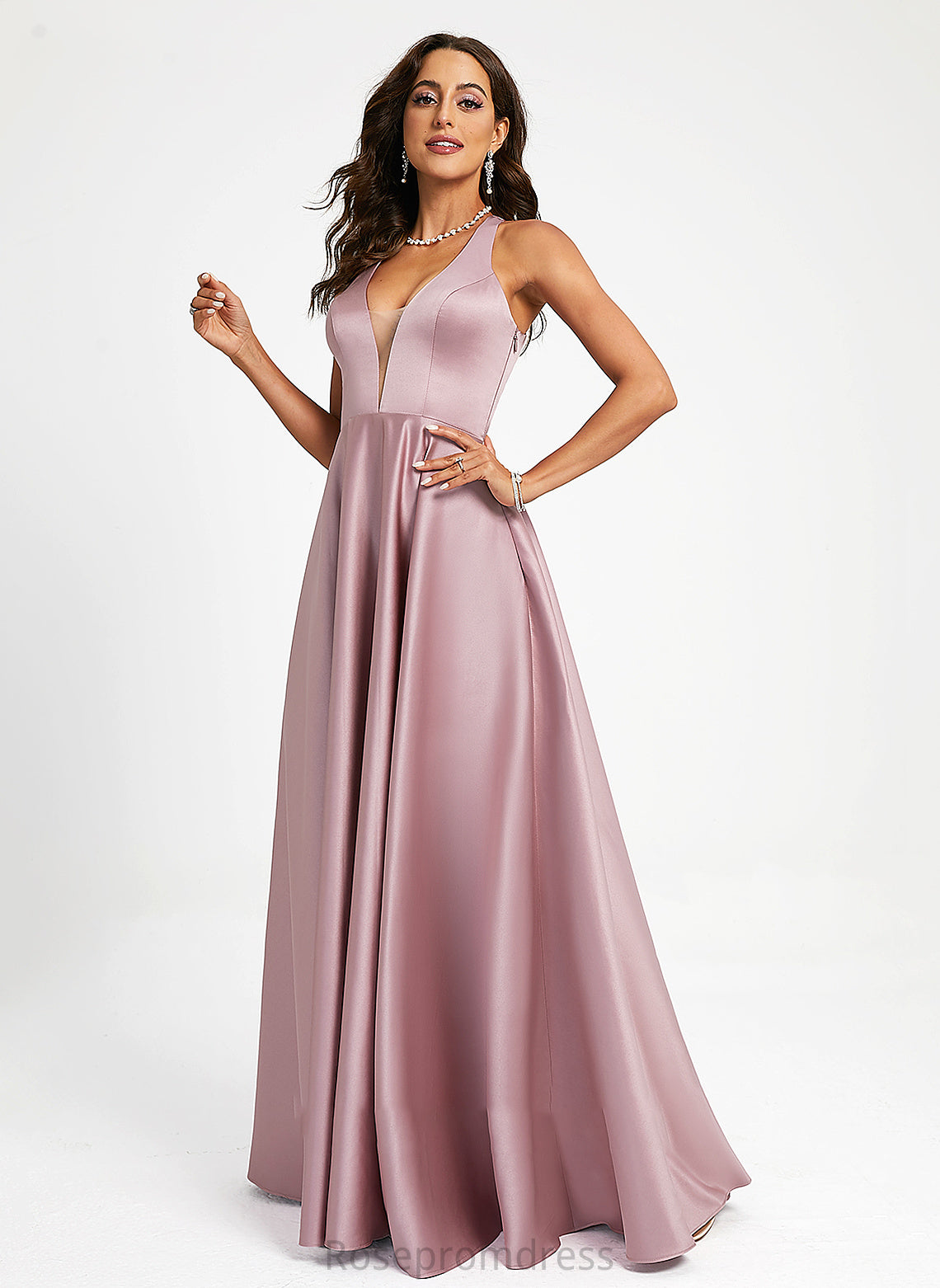 A-Line V-neck Paulina Floor-Length Prom Dresses Satin