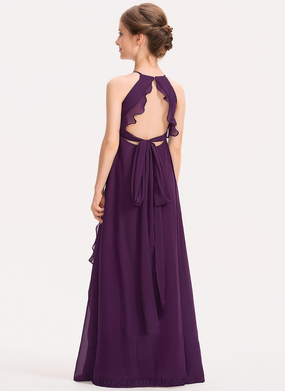 Junior Bridesmaid Dresses Scoop Cascading Ruffles Neck Ayla A-Line With Floor-Length Chiffon Bow(s)